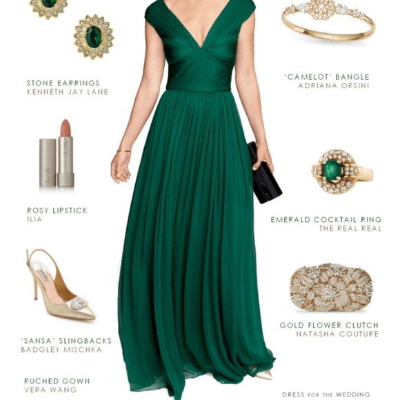 Vera Wang Ruched Chiffon Gown Emerald Green Formal Dress Kate Middleton Classic - Picture 1 of 14